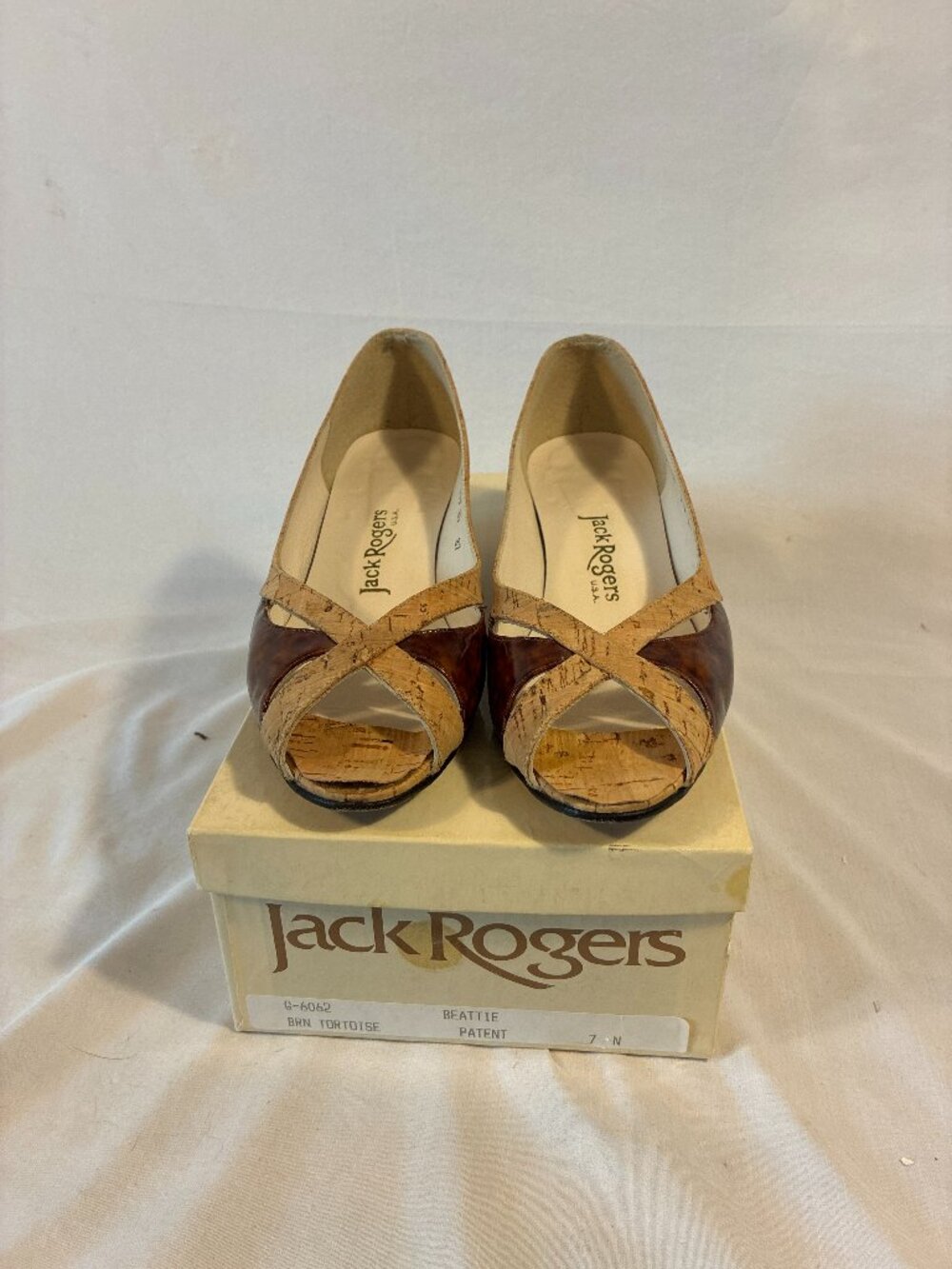 Jack Rogers Beattie Cork Tortoise Low Wedge Peep Toe Pump Shoes 7 N